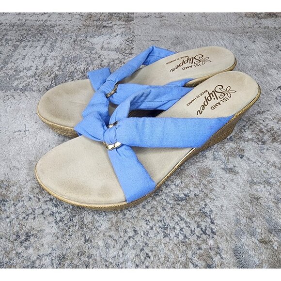 Island Slipper Hawaii Sandals Women’s Size 9 Blue Thong Wedge Heel Comfort - Picture 3 of 7